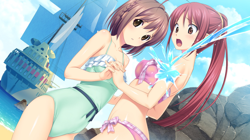 2girls, brown_eyes, brown_hair, game_cg, hand_holding, highres, kitami_minamo, koigakubo_chihaya