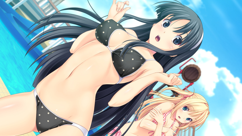 2girls, bikini, black_hair, blonde_hair, blue_eyes, blush, breasts, fukami_nagisa