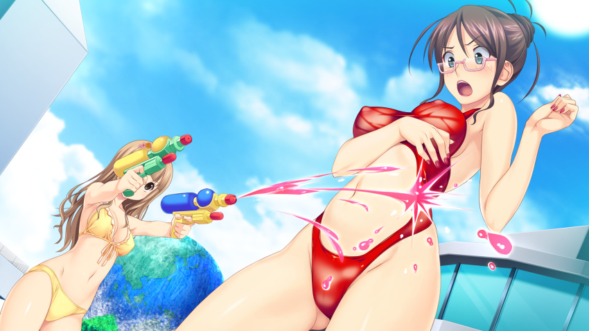 2girls, blue_eyes, blush, breasts, brown_eyes, brown_hair, game_cg, glasses