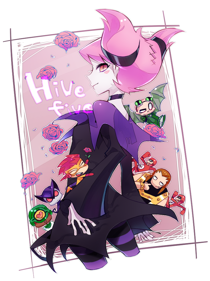 1girl, 5boys, billy_numerous, bodysuit, brown_hair, capelet, cartoon_network, chibi, choker, cloak, cyclops, dark_skin, dc_comics, flower, gizmo_(dc), goggles, goggles_on_head, hat, heart, jinx, kid_flash, kyd_wykkyd, mammoth_(dc), mask, multiple_boys, multiple_persona, one-eyed, outside_border, over_shoulder, pantyhose, patterned_legwear, pink_eyes, pink_hair, red_eyes, rose, running, see-more, smile, striped, striped_legwear, teen_titans, twintails, wally_west, wings