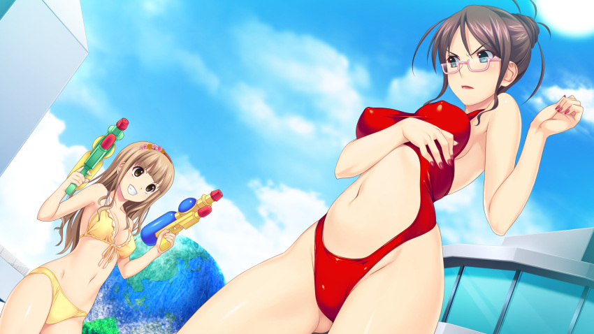 2girls, blue_eyes, blush, breasts, brown_eyes, brown_hair, game_cg, glasses