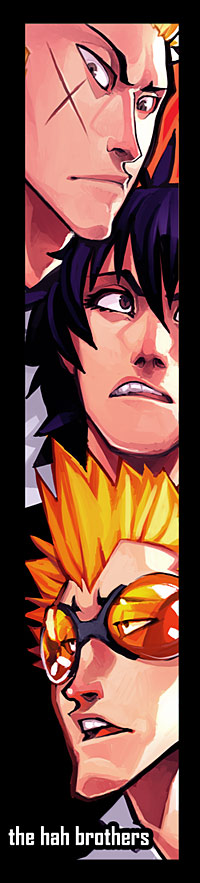 3boys, black_hair, blonde_hair, border, brown_eyes, character_name, eyeshield_21, fayrenpickpocket, glasses, grimace, jumonji_kazuki, kuroki_koji, multiple_boys, open_mouth, scar, school_uniform, teeth, togano_shozo, trio