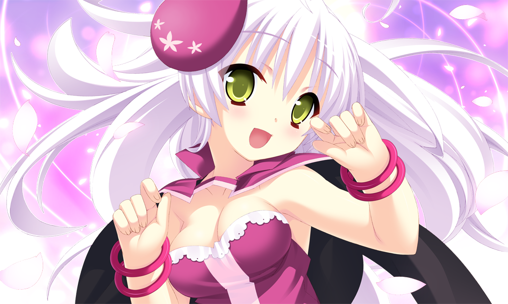 1girl, :d, breasts, female, long_hair, looking_at_viewer, lullshare, open_mouth, smile, solo, twinkle_crusaders, white_hair