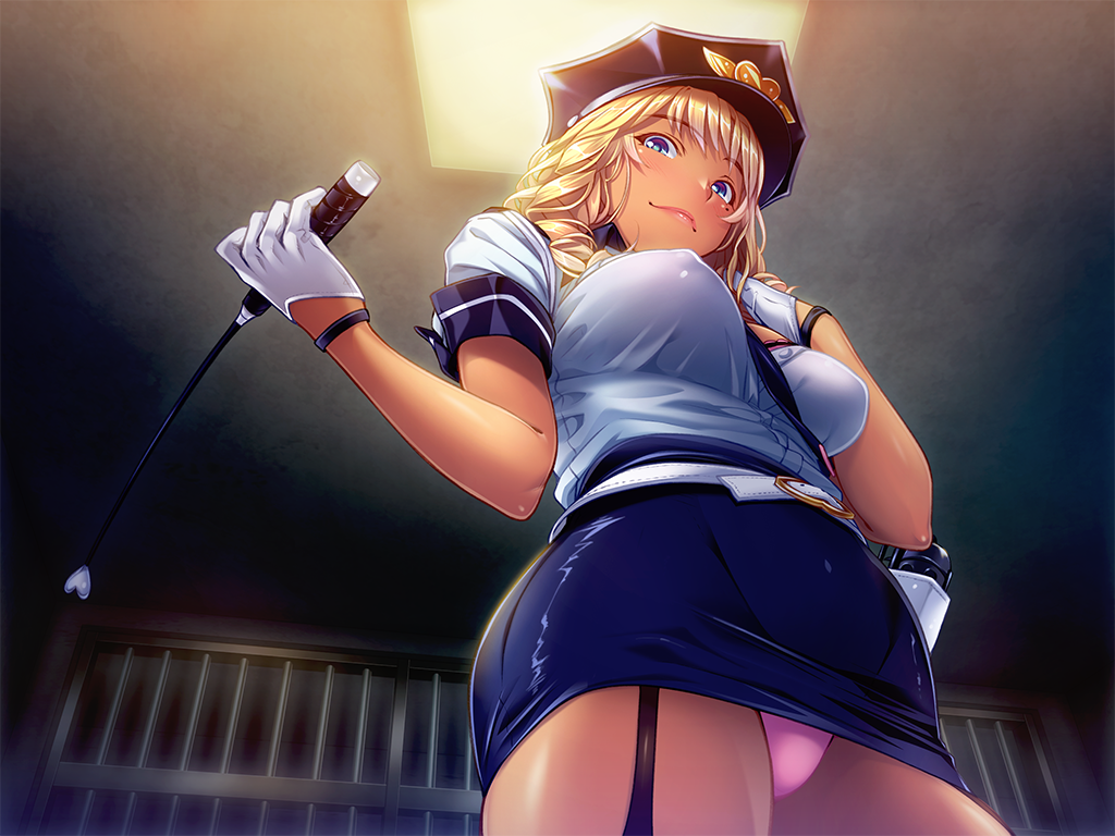 1girl, belt, blonde_hair, blue_eyes, bra, breasts, bubuzuke, cell