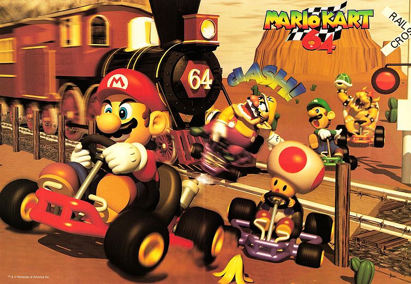 1996, 3d, 90s, banana_peel, blue_eyes, bowser, brown_hair, copyright_name, desert, facial_hair, hat, kart, luigi, mario, super_mario_bros., mario_kart, mario_kart_64, miyamoto_shigeru, mustache, nintendo, nintendo_ead, official_art, railroad_crossing, shell, super_mario_bros., toad_(mario), train, wario