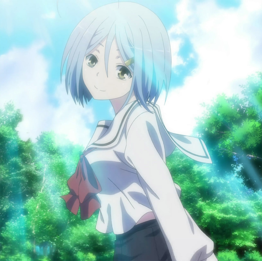 1girl, ahoge, aqua_hair, hair_ornament, hairclip, kasuga_hijiri, looking_at_viewer, nature