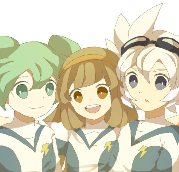 1girl, 2boys, brown_eyes, brown_hair, earth_eleven, fei_rune, goggles, goggles_on_head, green_eyes, green_hair, inazuma_eleven_(series), inazuma_eleven_go, inazuma_eleven_go_chrono_stone, inazuma_eleven_go_galaxy, lightning_bolt, long_hair, looking_at_viewer, mikoto_(cotot), multiple_boys, nanobana_kinako, open_mouth, saryuu_evan, simple_background, soccer_uniform, sportswear, upper_body, white_background, white_hair