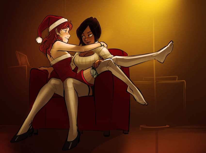 2girls, absurdres, bedroom_eyes, biting, bracelet, breasts, brown_hair, chair, cleavage, cleavage_cutout, dark_skin, earrings, freckles, green_eyes, hand_on_leg, hat, heather_(krekka), highres, jewelry, lip_biting, michelle_(krekka), multiple_girls, open-chest_sweater, original, psuede, redhead, santa_hat, sitting, sitting_on_lap, sitting_on_person, smile, sweater, thigh-highs, violet_eyes, white_legwear, yuri