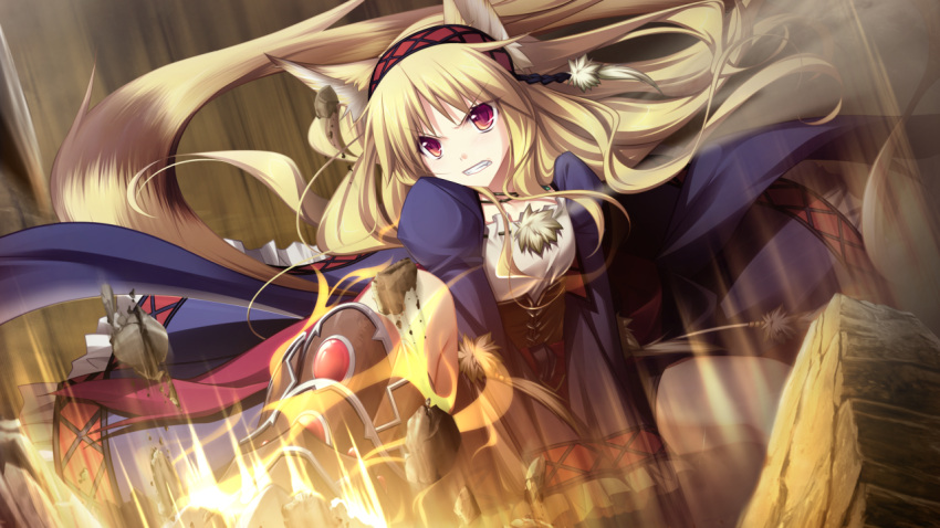 1girl, animal_ears, blonde_hair, dress, eushully, female, fox_ears, fox_tail