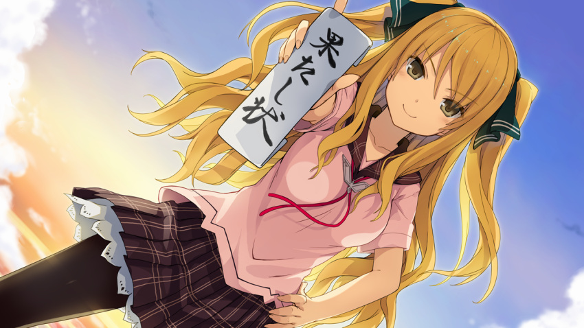 1girl, akinashi_yuu, ao_no_kanata_no_four_rhythm, blonde_hair, blush, breasts, clouds, game_cg