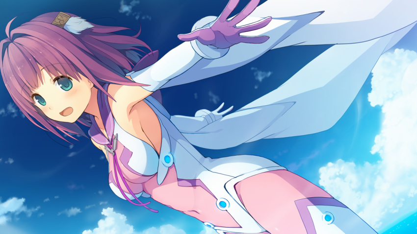 1girl, akinashi_yuu, ao_no_kanata_no_four_rhythm, aqua_eyes, armpits, blush, bodysuit, breasts, clouds, elbow_gloves, flying, game_cg, gloves, happy, ichinose_rika, legs, looking_at_viewer, navel, ocean, open_mouth, purple_hair, short_hair, sky, smile, solo, sprite_(company), thighs, water