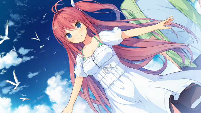 1girl, akinashi_yuu, ao_no_kanata_no_four_rhythm, bird, blue_eyes, blush, breasts, clouds, dress, game_cg, happy, kurashina_asuka, large_breasts, long_hair, looking_away, redhead, side_ponytail, sky, smile, sprite_(company), standing
