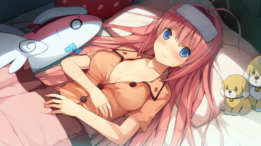 1girl, akinashi_yuu, ao_no_kanata_no_four_rhythm, blue_eyes, blush, breasts, cleavage, futon