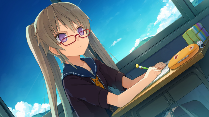 1girl, akinashi_yuu, ao_no_kanata_no_four_rhythm, arisaka_mashiro, black_legwear, book, brown_hair, classroom