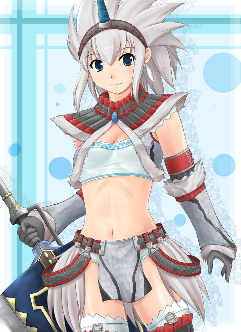 1girl, aikawa_fuugetsu, armor, belt, blue_eyes, breasts, capcom, cleavage, female, gloves, hairband, horn, kirin_(armor), loincloth, midriff, monster_hunter, navel, smile, solo, sword, tagme, weapon, white_hair