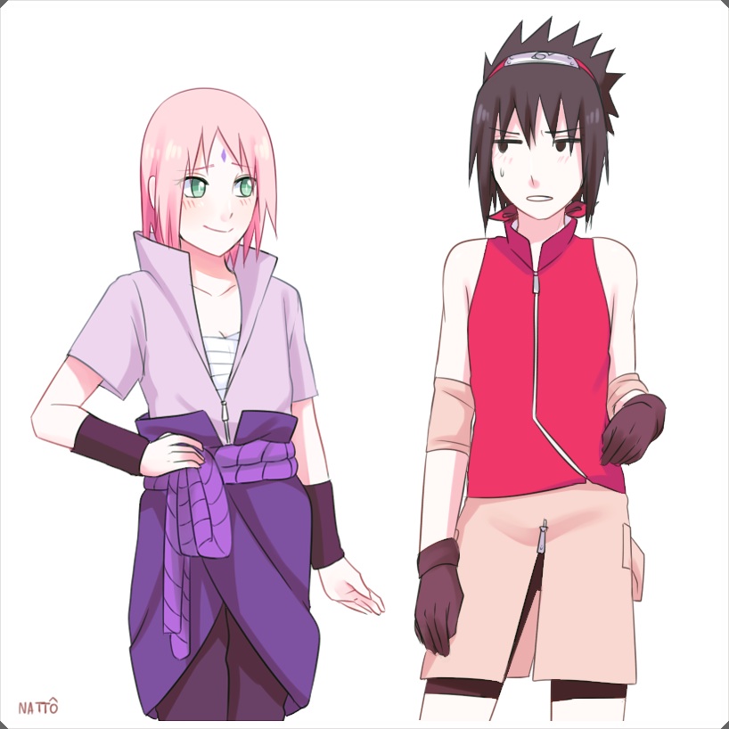 1boy, 1girl, blush, haruno_sakura, naruto, nattouh, simple_background, uchiha_sasuke