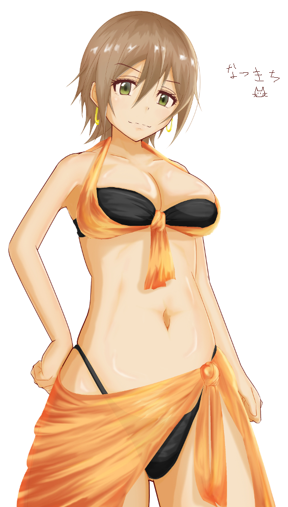 bikini, brown_hair, green_eyes, highleg, highleg_bikini, highleg_swimsuit, hitofudegaki_usagi, idolmaster, idolmaster_cinderella_girls, kimura_natsuki, sarong, short_hair, swimsuit