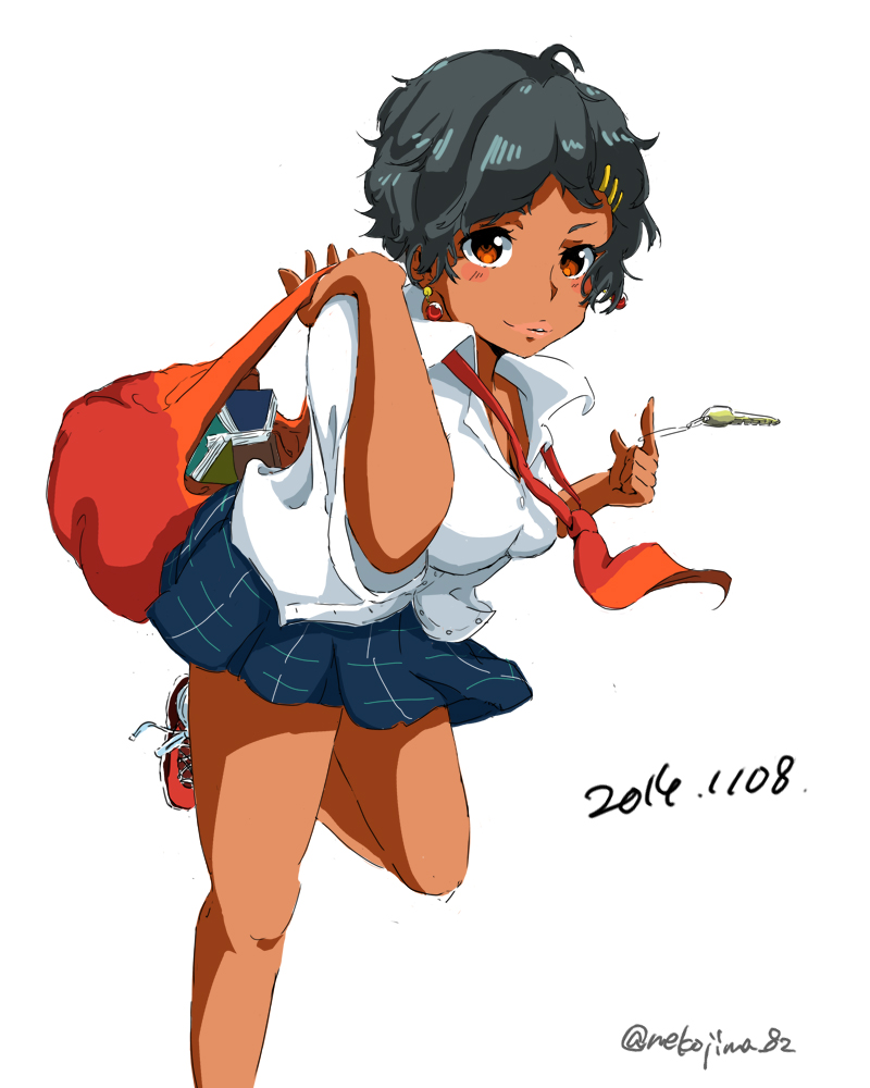 1girl, bag, black_hair, blush_stickers, breasts, brown_eyes, dark_skin, dated