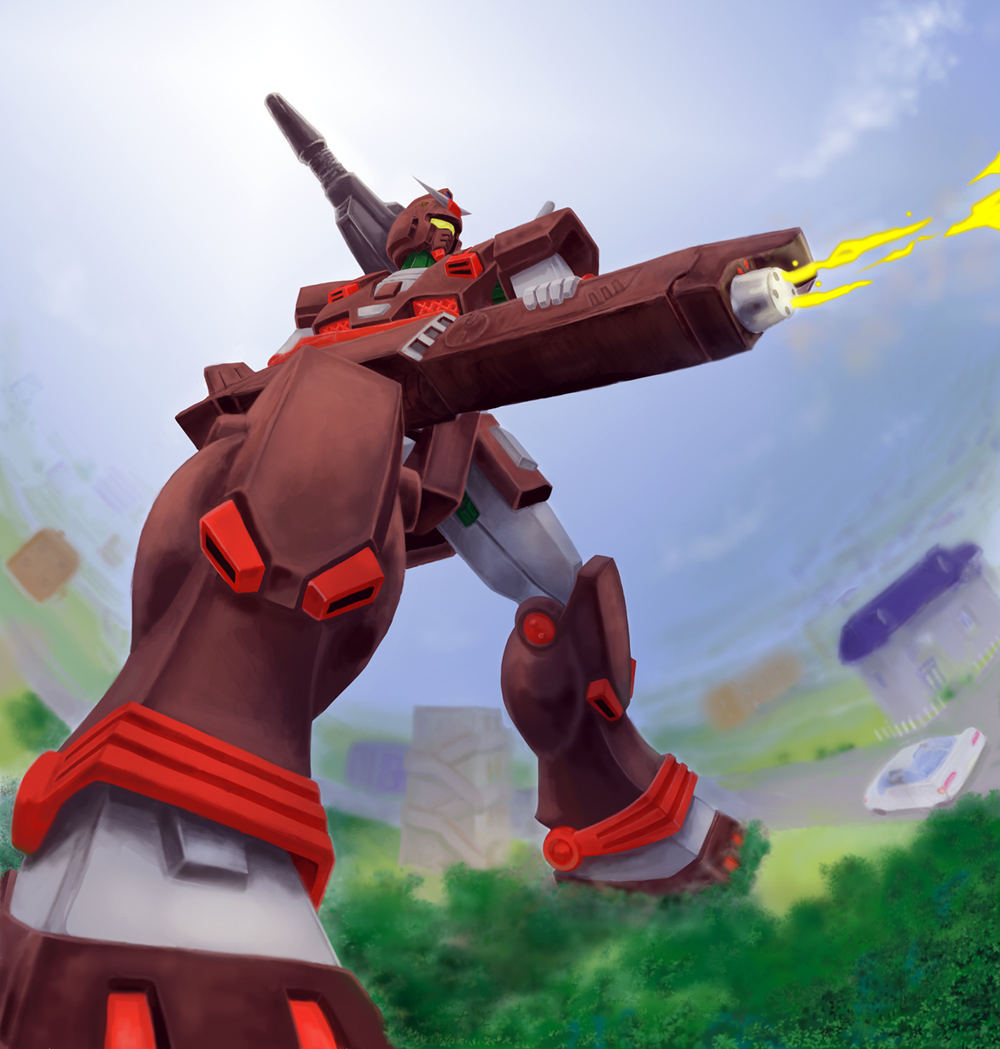 car, colony_interior, firing, ground_vehicle, gundam, gundam_msv, heavy_gundam, mecha