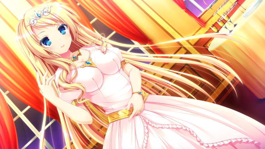 1girl, blonde_hair, blue_eyes, blush, breasts, cleavage, curtains, dress
