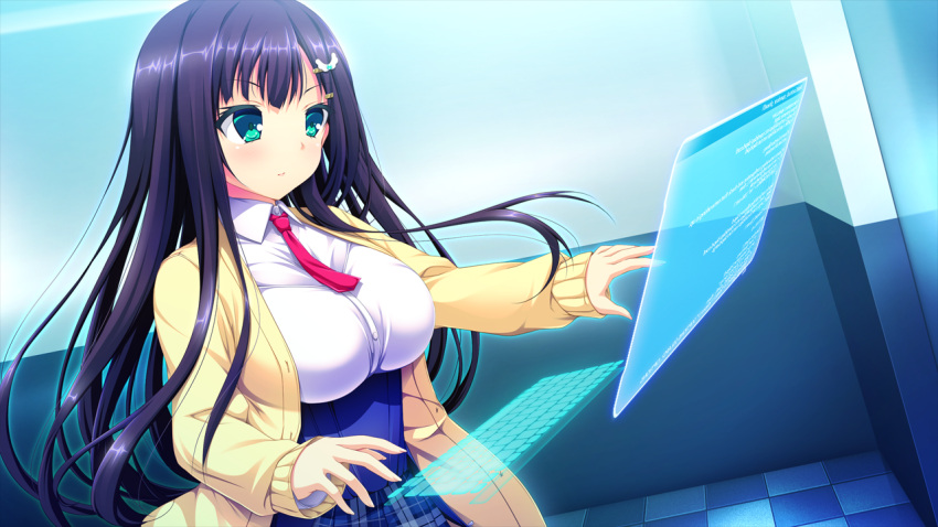 1girl, blush, breasts, game_cg, green_eyes, harvest_overray, large_breasts, long_hair, looking_away, necktie, nironiro, ouno_sumi, purple_hair, school_uniform, serious, solo, standing, tile_floor, tiles, usume_shirou