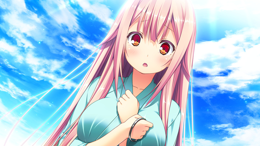 1girl, blush, bracelet, breasts, clouds, game_cg, harvest_overray, jewelry