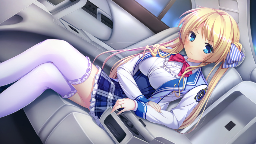 1girl, blonde_hair, blue_eyes, bow, breasts, closed_mouth, frill, frilled_legwear, frilled_skirt, frills, game_cg, giga, harvest_overray, indoors, jewelry, long_hair, long_sleeves, looking_at_viewer, mikami_lilia, nironiro, pink_bow, ring, school_uniform, sitting, skirt, solo, straight_hair, thigh-highs, white_legwear, zettai_ryouiki