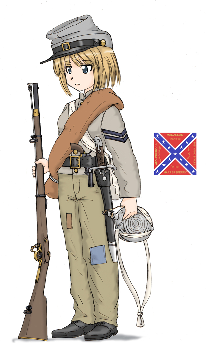 1girl, american_civil_war, bayonet, belt, blanket, blonde_hair, blue_eyes, canteen