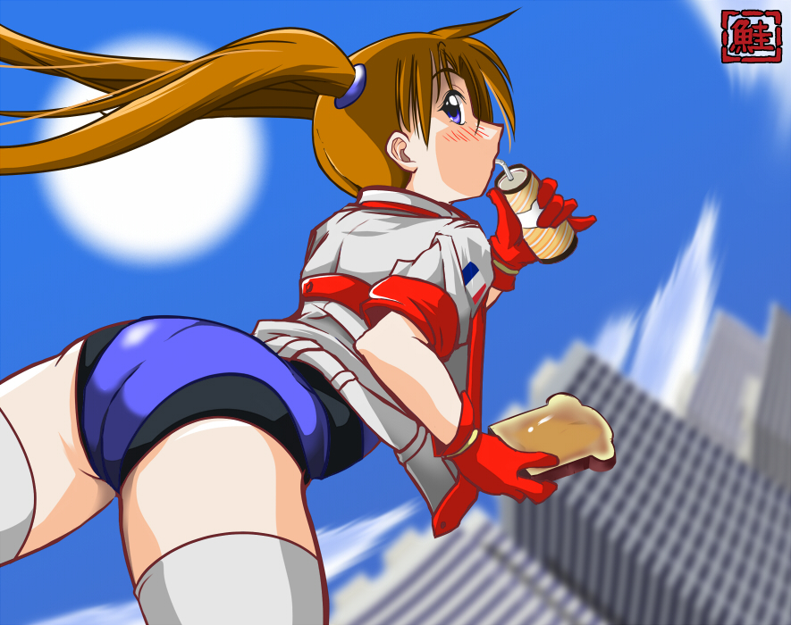 1girl, artist_request, ass, blue_eyes, blush, brown_hair, flag, food