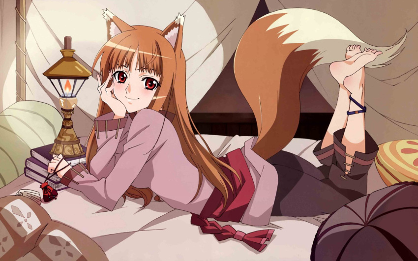 1680x1050, animal_ears, bed, books, brown_hair, holo, lame, lying