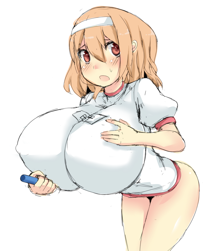 1girl, blonde_hair, blush, breasts, brown_eyes, female, hairband, hand_on_own_chest, huge_breasts, leaning_forward, nira, open_mouth, simple_background, solo, standing, thighs, white_background