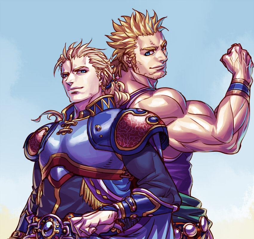 2boys, armor, blonde_hair, blue_eyes, brothers, earrings, edgar_roni_figaro, final_fantasy
