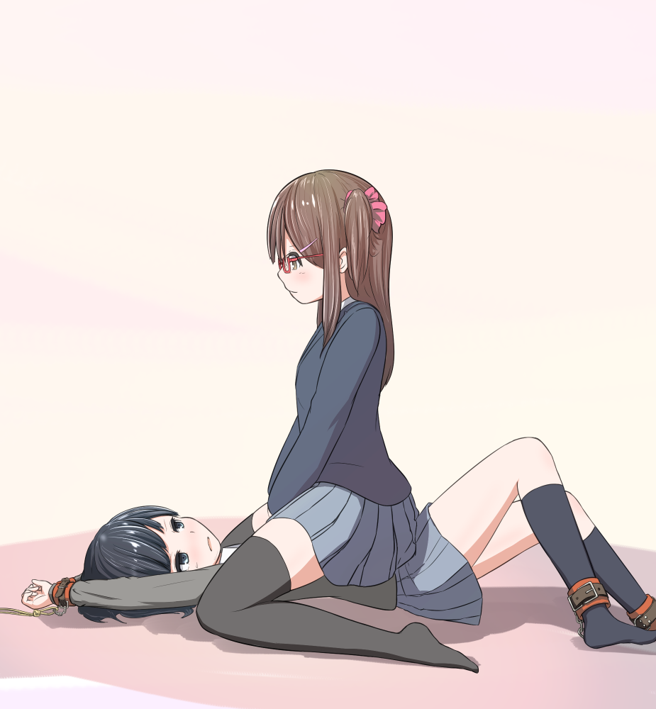 2girls, ankle_cuffs, arms_over_head, bdsm, blazer, blue_eyes, blue_hair, bondage, bound, brown_eyes, brown_hair, cuffs, glasses, handcuffs, kneehighs, long_hair, minagiku, multiple_girls, red-framed_glasses, school_uniform, short_hair, sitting, sitting_on_person, skirt, socks, thigh-highs, yuri, zettai_ryouiki