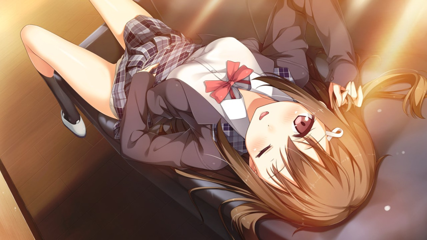 1girl, brown_eyes, brown_hair, couch, cube_(company), cuffs_(company), game_cg, kantoku