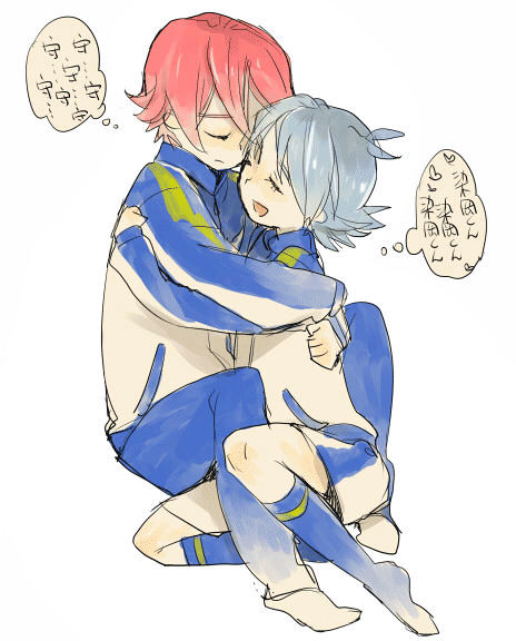 2boys, 4444yon, child, fubuki_shirou, hug, inazuma_eleven, inazuma_eleven_(series), kiyama_hiroto, male_focus, multiple_boys, simple_background, sketch, soccer_uniform, sportswear, uniform, white_background