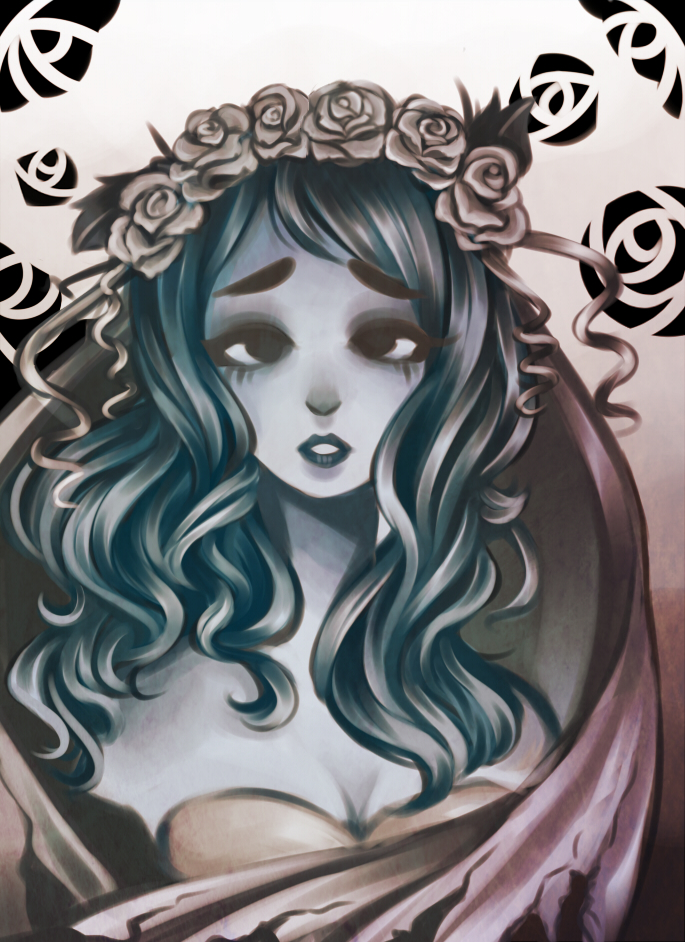 1girl, blue_skin, breasts, corpse_bride, dress, emily_(corpse_bride), lipstick, long_hair