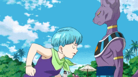 1girl, 2boys, animated, animated_gif, blue_hair, bulma, clouds, dragon_ball, dragonball_z, dragonball_z_battle_of_gods, god_of_destruction_beerus, lowres, multiple_boys, slapping, vegeta, violence