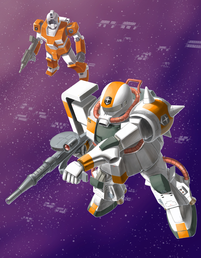 earth_federation, gm_(mobile_suit), gm_light_armor, gun, gundam, gundam_msv, mecha, nagase_mizuchi, space, weapon, zaku, zaku_ii
