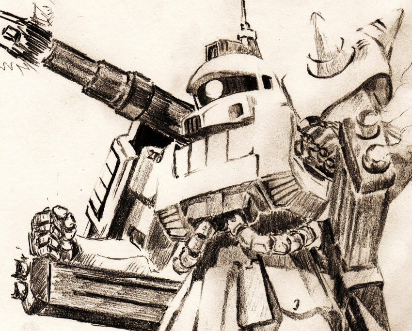 artist_request, gundam, gundam_msv, mecha, sketch, zaku, zaku_cannon
