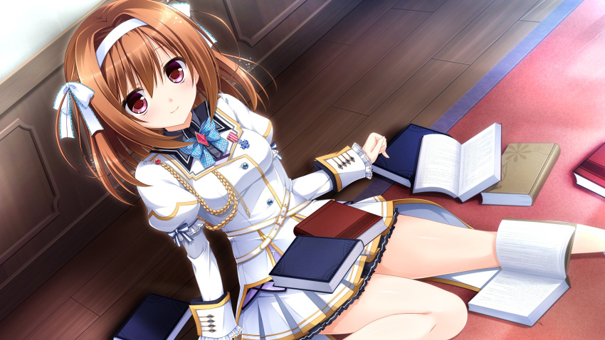 1girl, blush, book, bow, bowtie, breasts, brown_hair, carpet