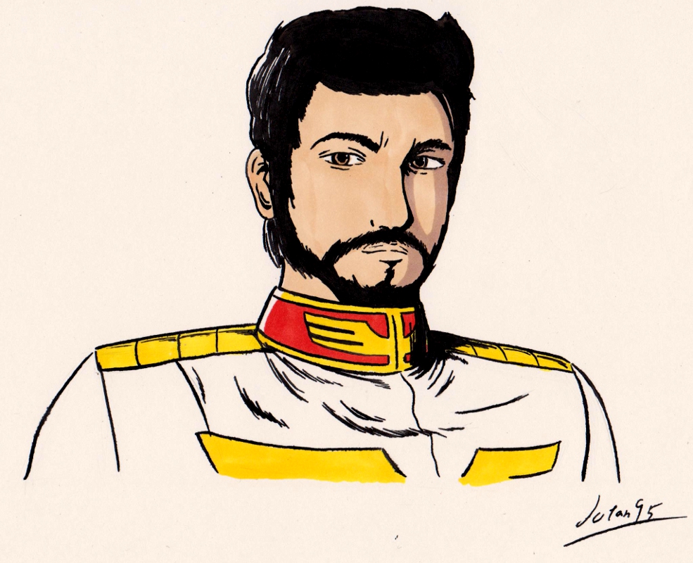 1boy, artist_request, black_hair, brown_eyes, facial_hair, gundam, gundam_msv, male_focus