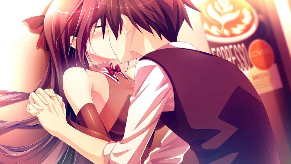 1boy, 1girl, black_hair, blush, character_request, closed_eyes, elbow_gloves, fingerless_gloves