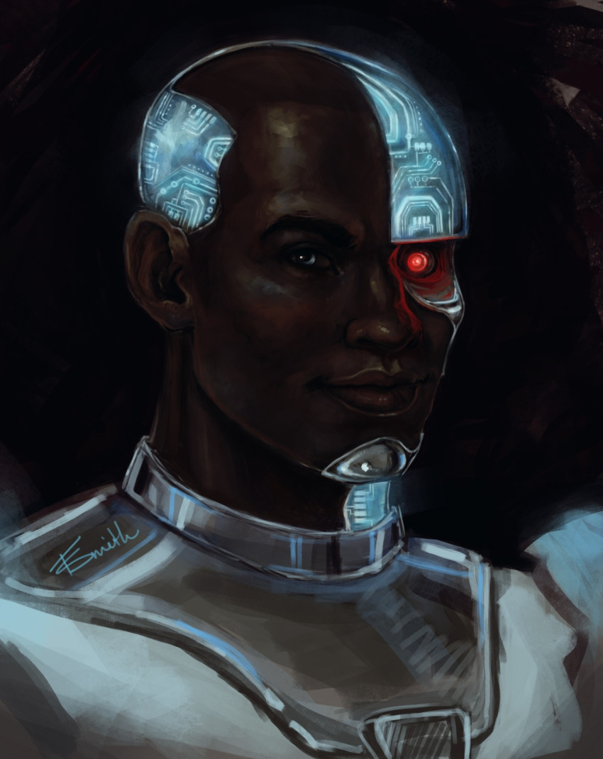 1boy, bald, black_background, brown_eyes, circuit, cyborg, cyborg_(dc), dark_background, dark_skin, dc_comics, felicia_smith, glowing, glowing_eyes, looking_at_viewer, male_focus, mechanical_eye, neon_trim, one-eyed, portrait, red_eyes, signature, solo, teen_titans, upper_body, victor_stone