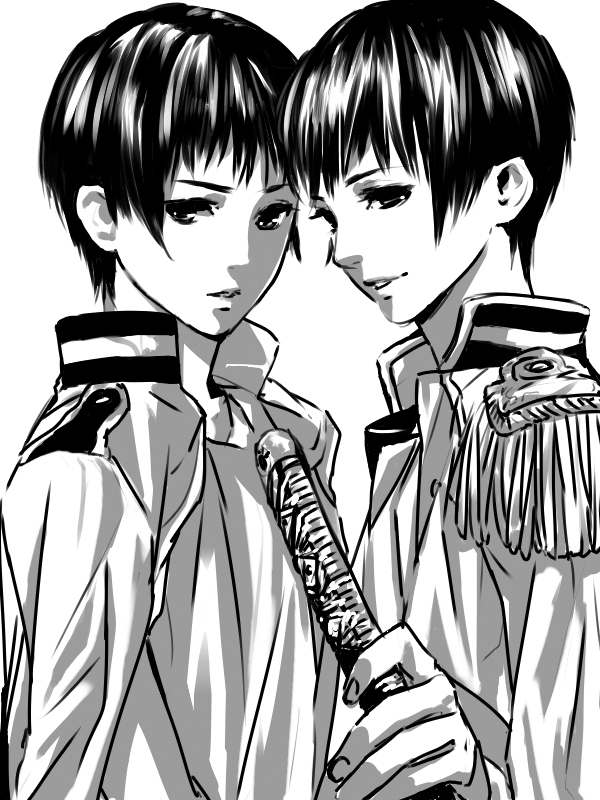2boys, axis_powers_hetalia, child, japan_(hetalia), male_focus, masa_(miyabi310), monochrome, multiple_boys