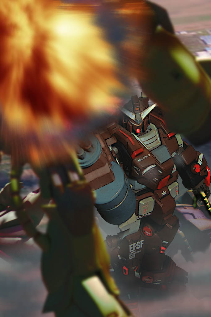 explosion, gundam, gundam_msv, heavy_gundam, mecha, unsui_(ohana_0516), zaku, zaku_ii