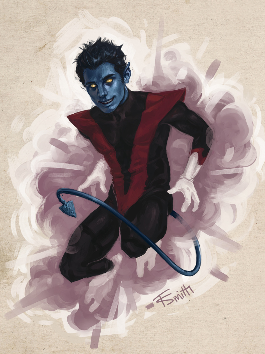 1boy, blue_hair, blue_skin, felicia_smith, gloves, highres, jumping, male_focus
