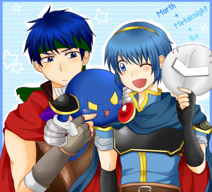3boys, angry, artist_request, blue_eyes, blue_hair, blush, cape, dairantou!_smash_brothers_x