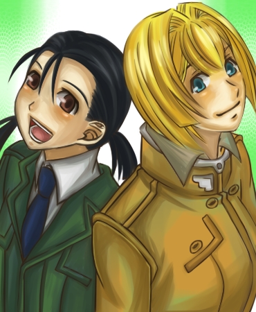 alice_l_malvin, back-to-back, bangs, black_hair, blonde_hair, blue_eyes, blush, bob_cut