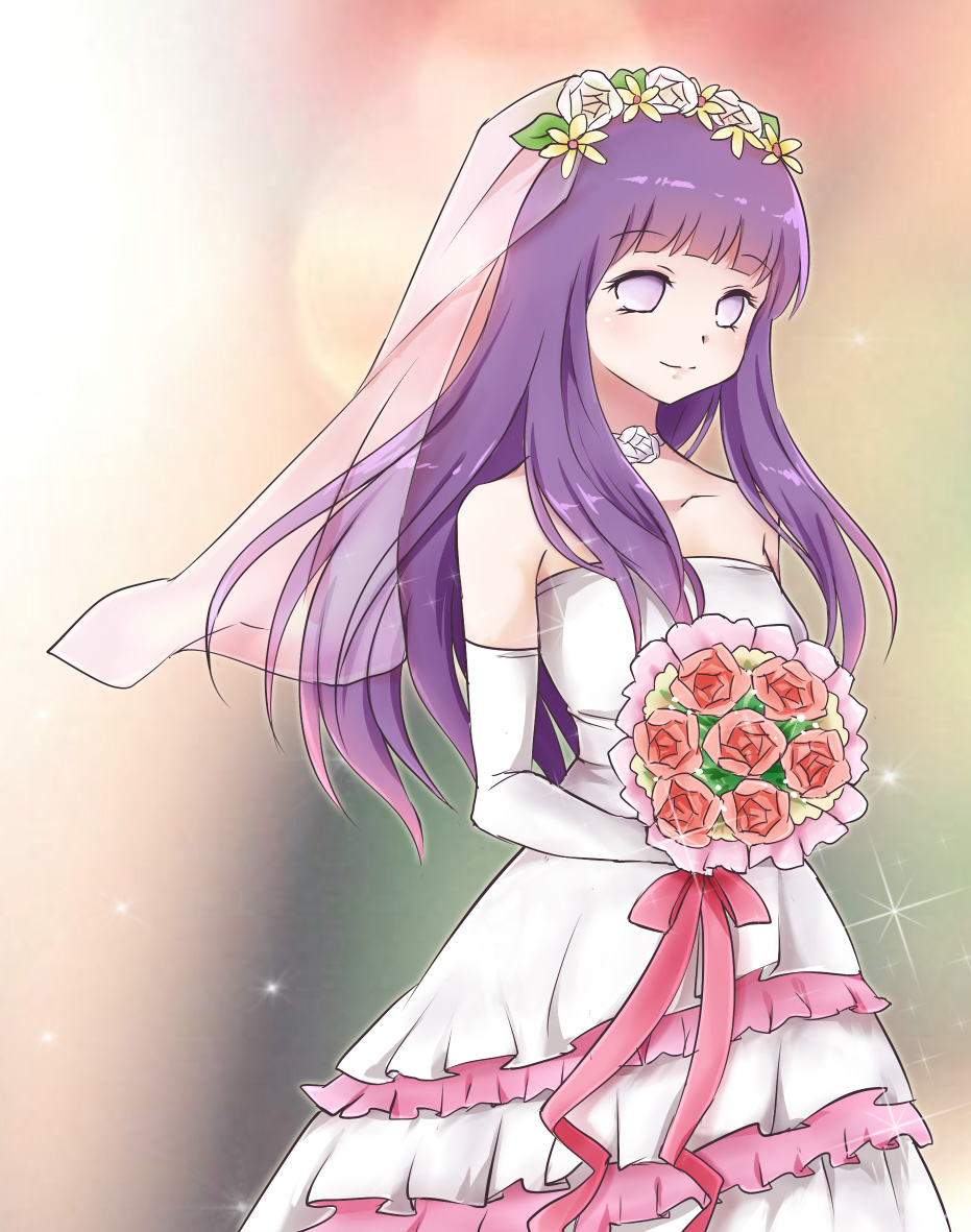 1girl, bangs, bare_shoulders, bouquet, choker, dress, elbow_gloves, flower, gloves, hyuuga_hinata, lavender_eyes, long_hair, looking_at_viewer, naionic, naruto, naruto_shippuuden, purple_hair, smile, solo, veil, wedding_dress