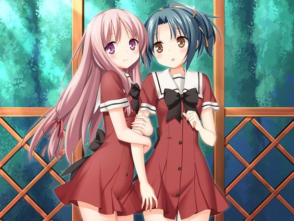 2girls, blue_hair, multiple_girls, pink_eyes, pink_hair, school_uniform, shinozaki_rikka, shirakawa_sayuki